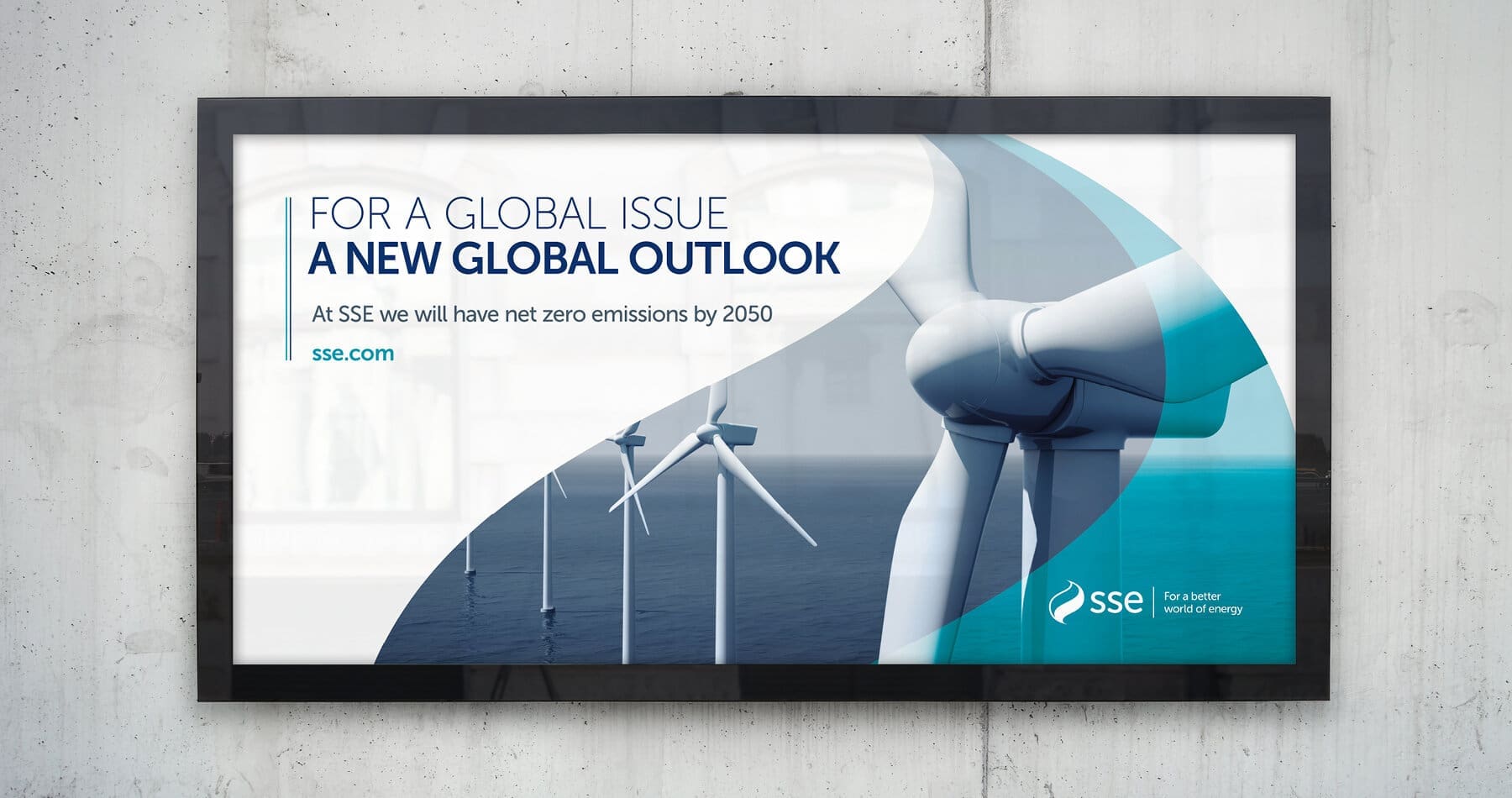 SSE Better World of Energy landscape poster 'For a global issue a new global outlook. At SSE we will have net zero emissions by 2050.'