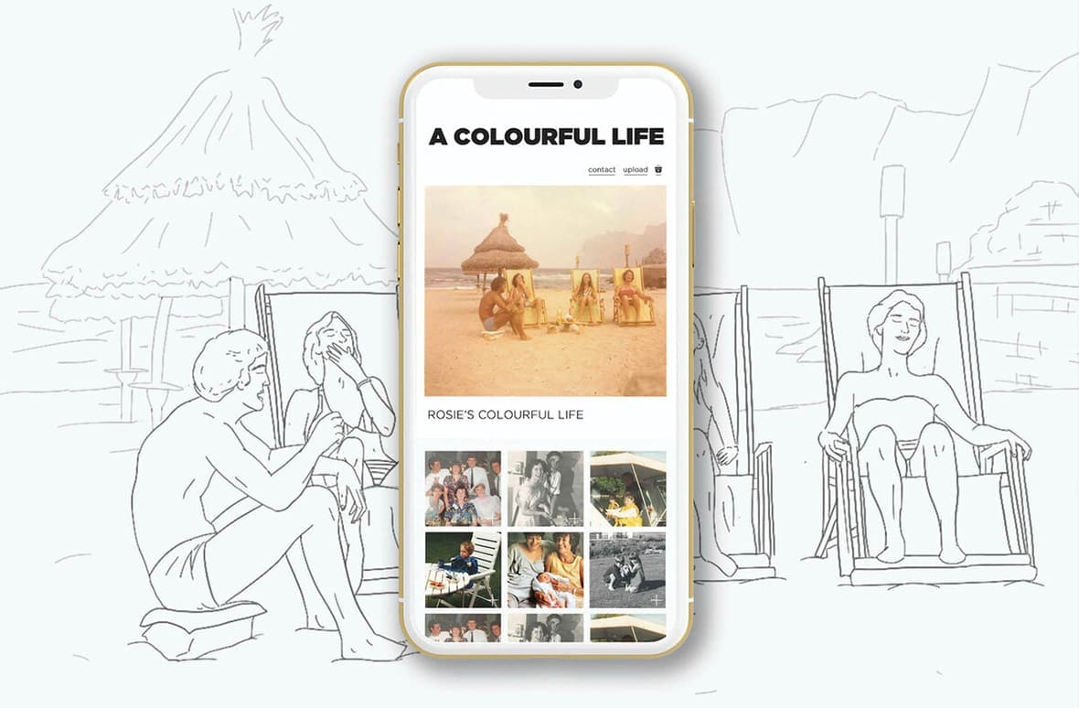 A colourful life website shown on a mobile device picturing a page from Rosie's colourful life book.