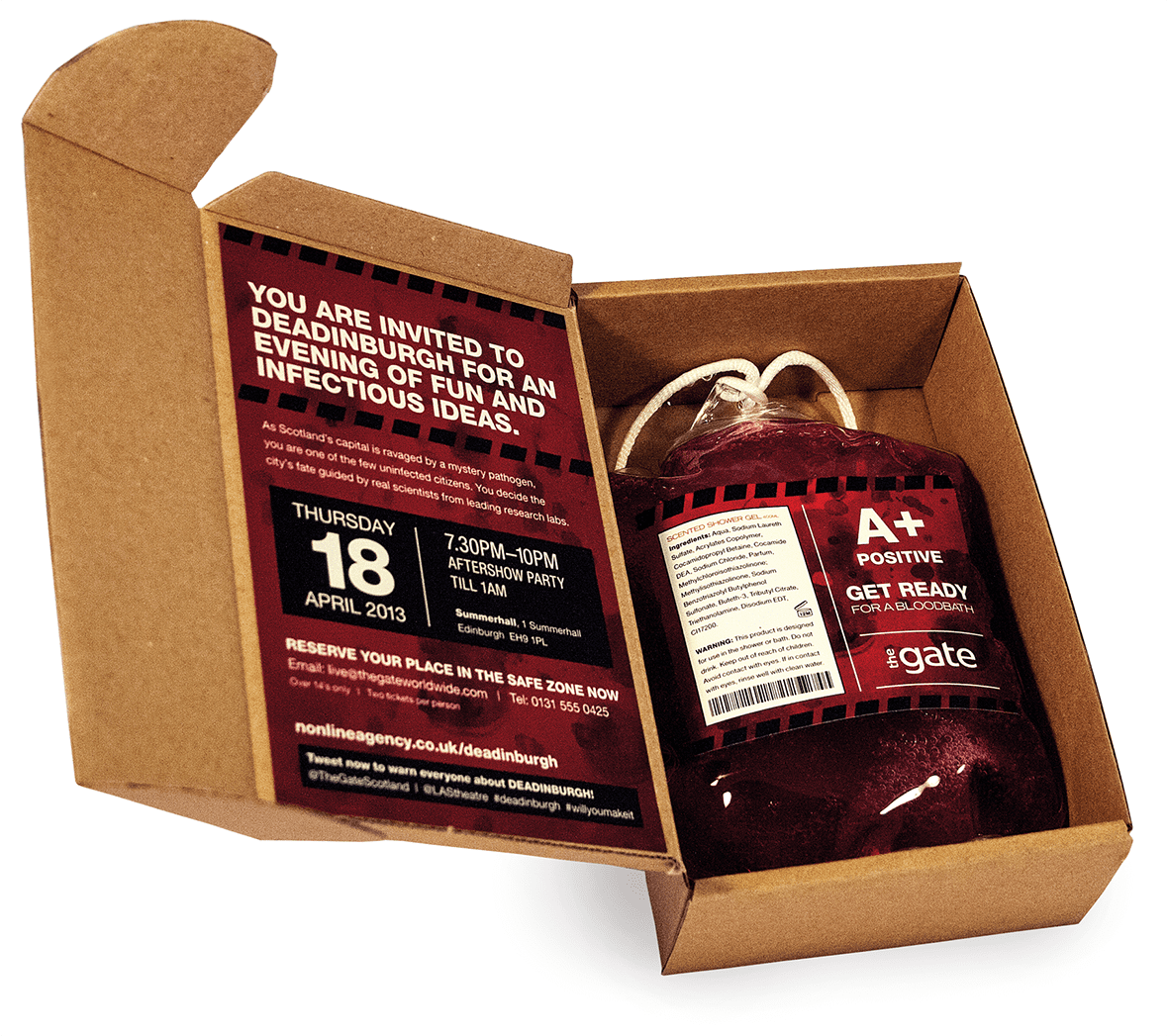 Deadinburgh event invite, box containing fake blood bag and the event invite.