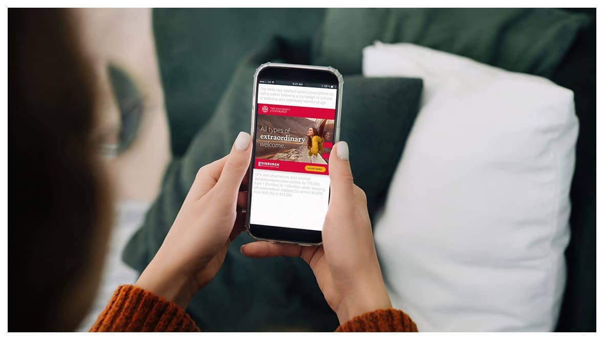 Edinburgh University online ad being displayed on a mobile device.