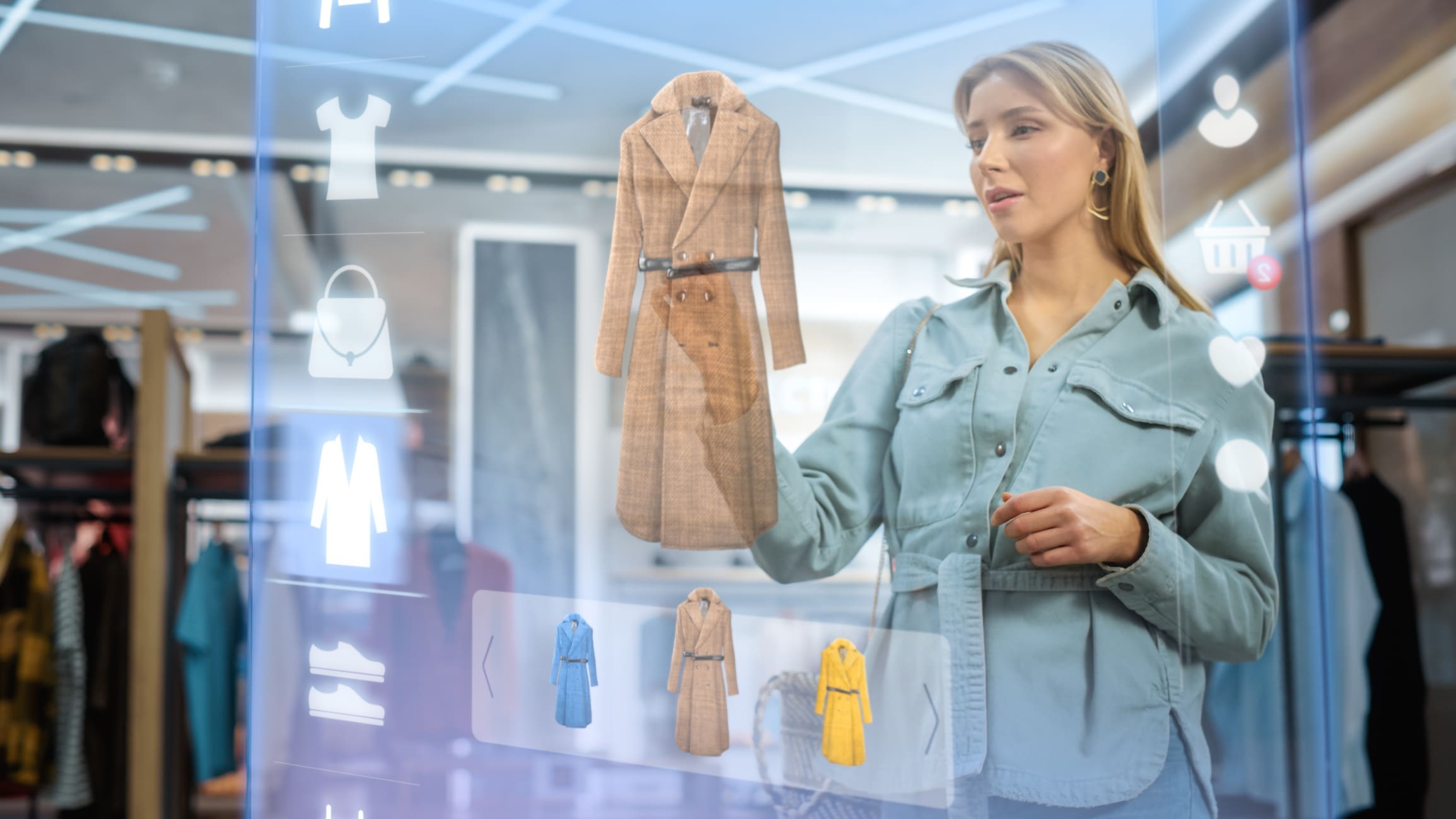 Beautiful Female Customer Using 3D Augmented Reality Digital Interface in Modern Shopping Center. Shopper is Choosing Fashionable Bags, Stylish Garments in Clothing Store. Futuristic VFX UI Concept.