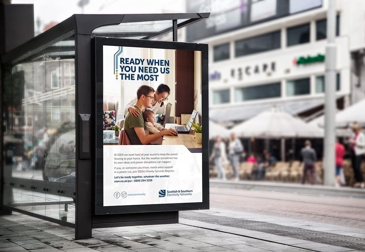 Scottish and Southern Electricity Networks bus shelter advertisement with headline 'Ready when you need us the most'