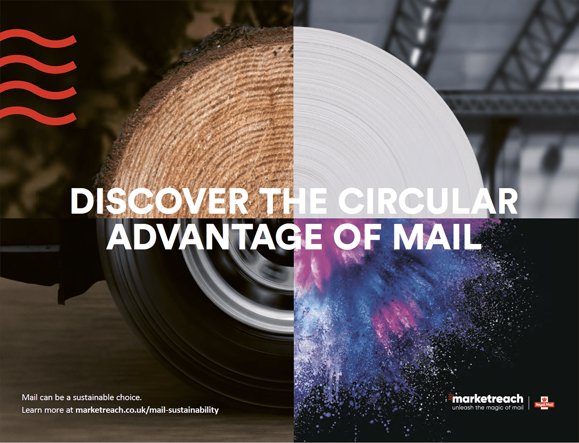 Royal Mail poster depicting four different circular objects in the four quarters of the poster, with the headline 'Discover the circular advantage of mail'