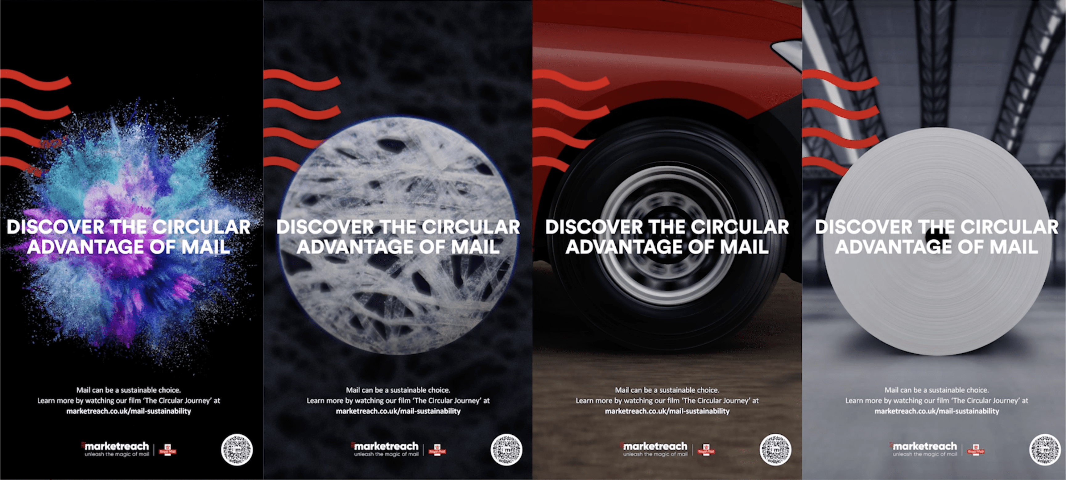 Royal Mail - four versions of a poster with the headline 'Discover the circular advantage of mail'